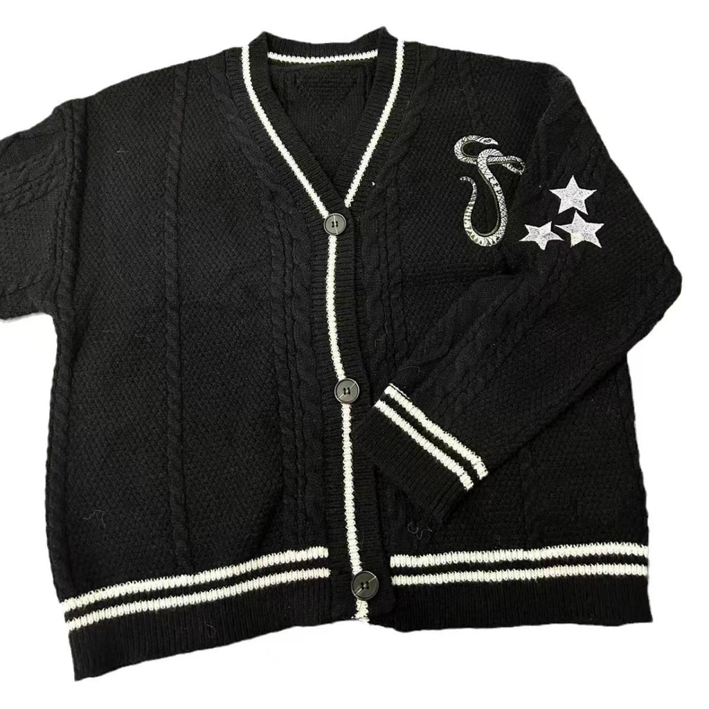 Black Snake Embroidered Star Cardigan Sweater Vintage Cable Knite