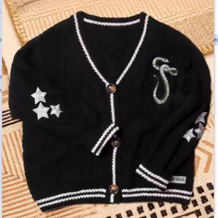 Black Snake Embroidered Star Cardigan Sweater Vintage Cable Knite