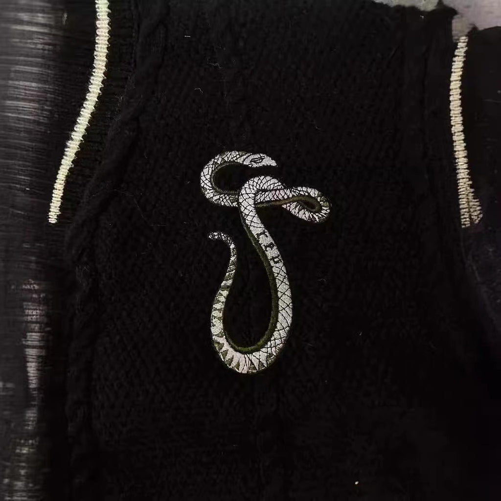 Black Snake Embroidered Star Cardigan Sweater Vintage Cable Knite