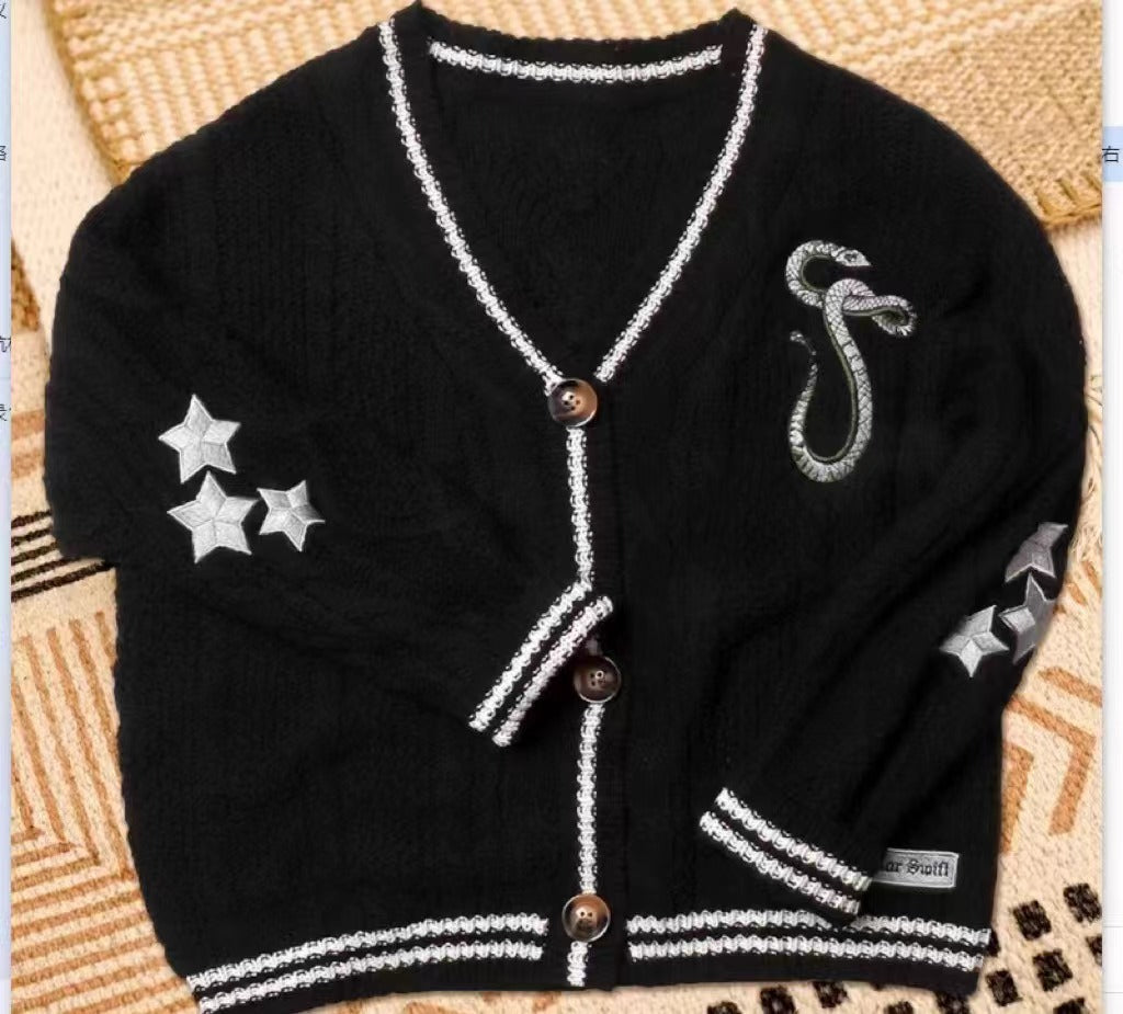 Black Snake Embroidered Star Cardigan Sweater Vintage Cable Knite