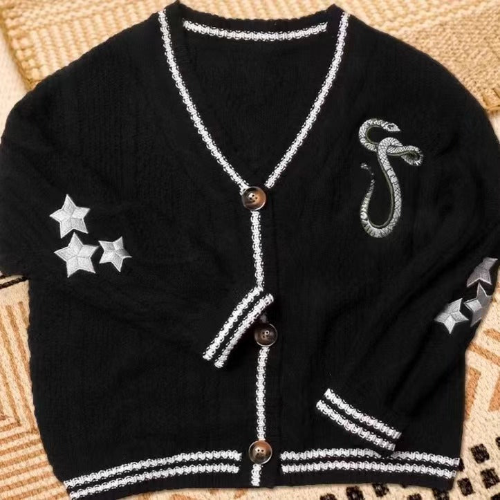 Black Snake Embroidered Star Cardigan Sweater Vintage Cable Knite