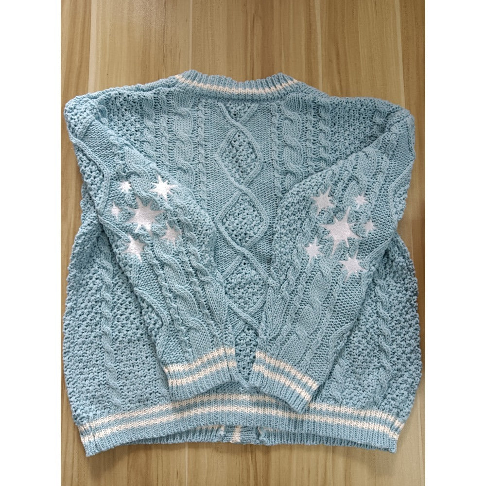 Blue Cardigan Embroidered Knited Long Sleeve