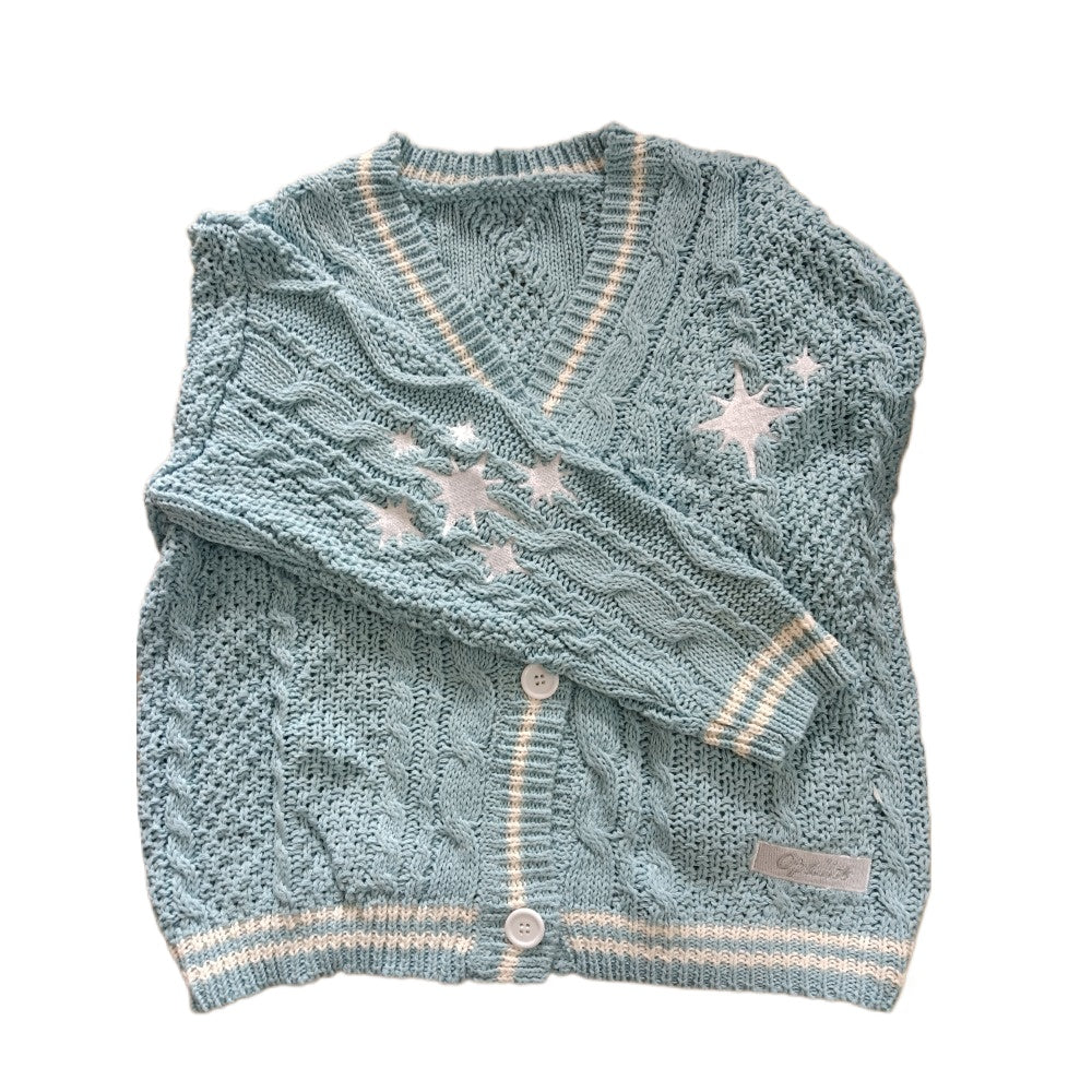 Blue Cardigan Embroidered Knited Long Sleeve