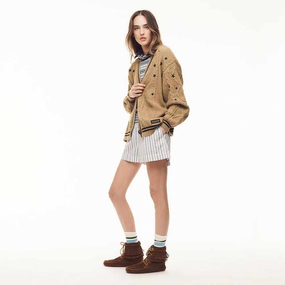 Brown Star Cable Knit Cardigan – Vintage Button-Up Sweater for Women