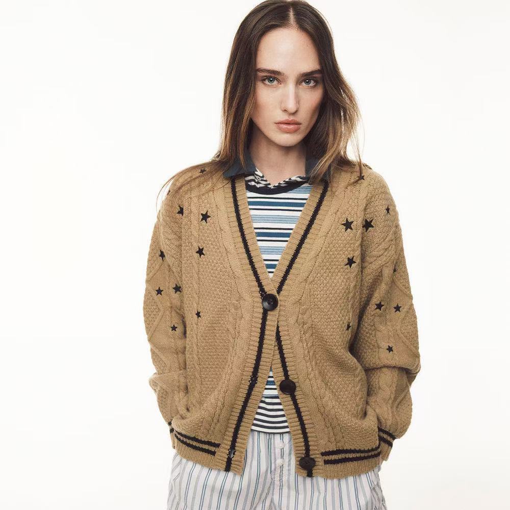 Brown Star Cable Knit Cardigan – Vintage Button-Up Sweater for Women