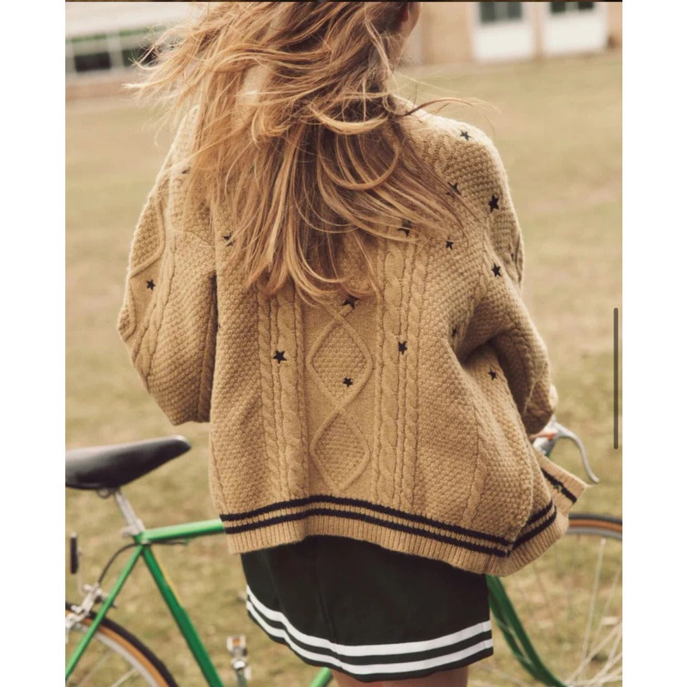 Brown Star Cable Knit Cardigan – Vintage Button-Up Sweater for Women