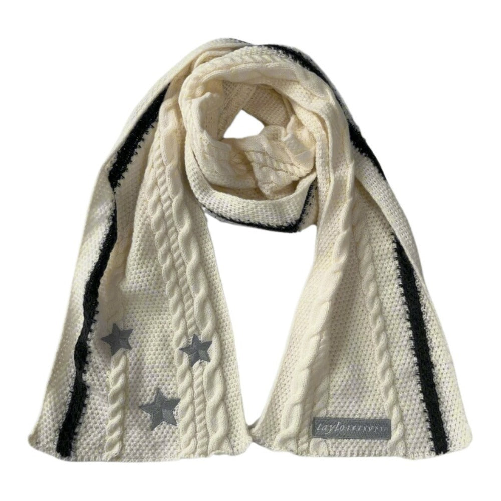 Taylor's Foklore Scarf Beige White Embroidered Star Cable Knite