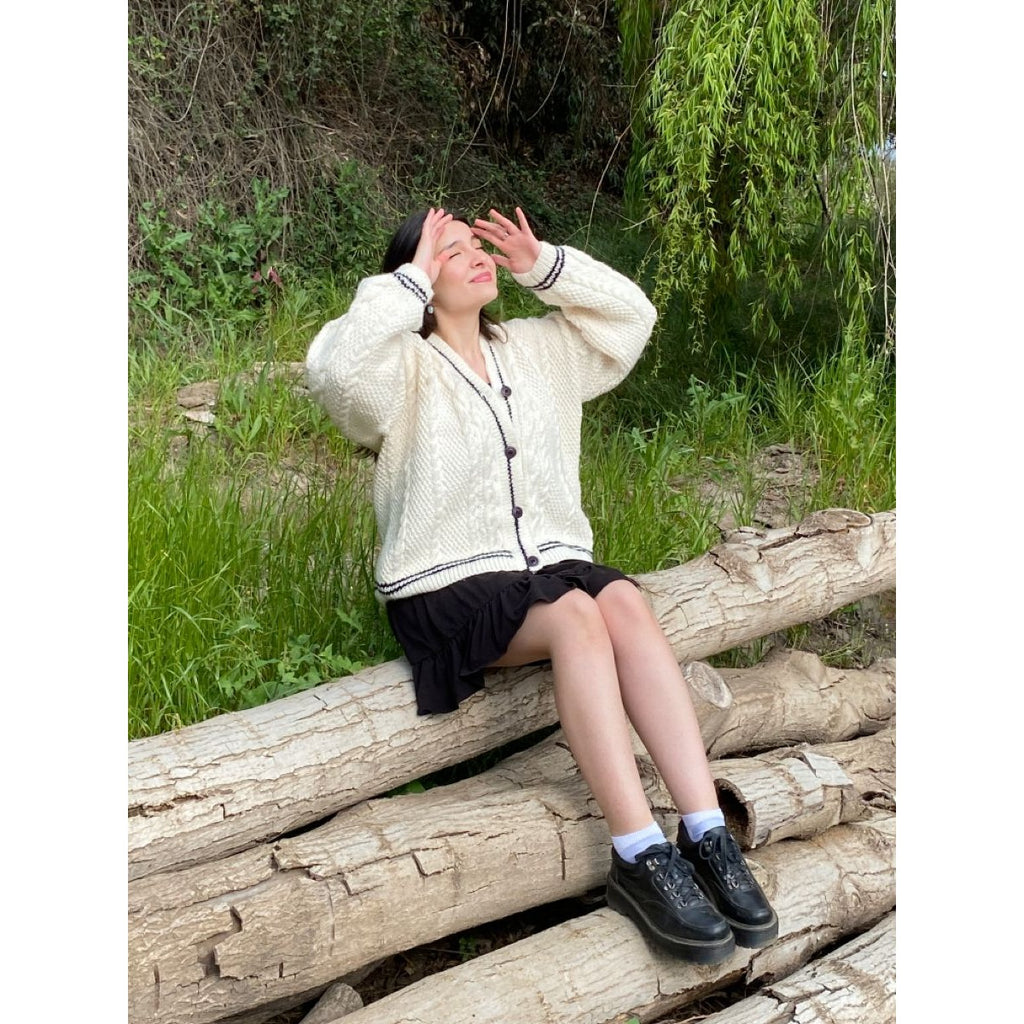 Beige White Inspriled Cardigan Sweater