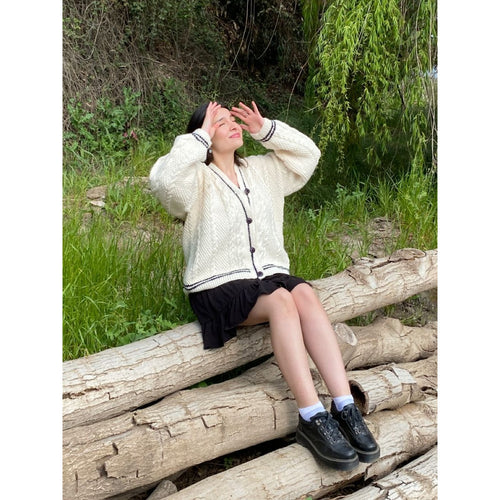 Beige White Inspriled Cardigan Sweater