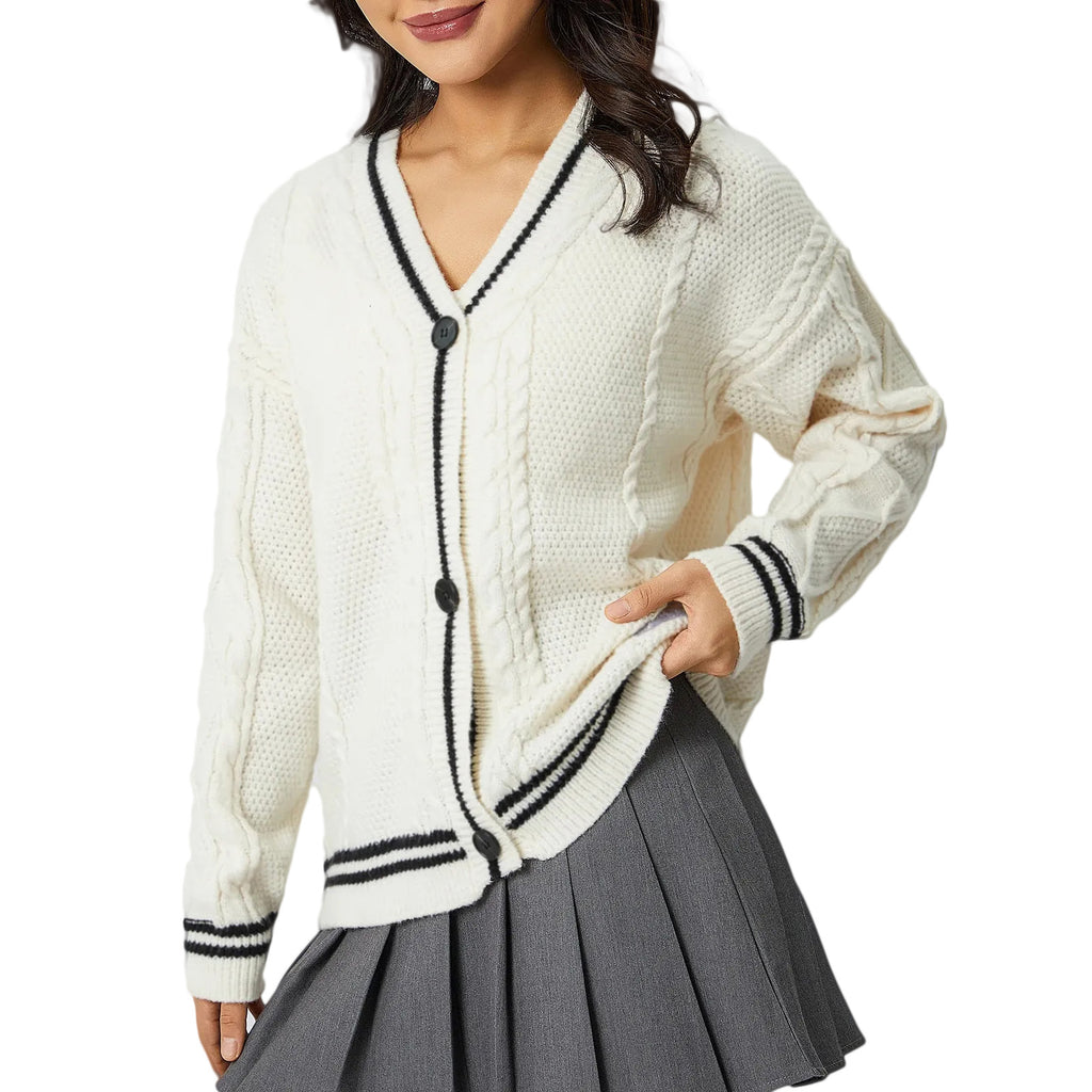 Beige White Inspriled Cardigan Sweater