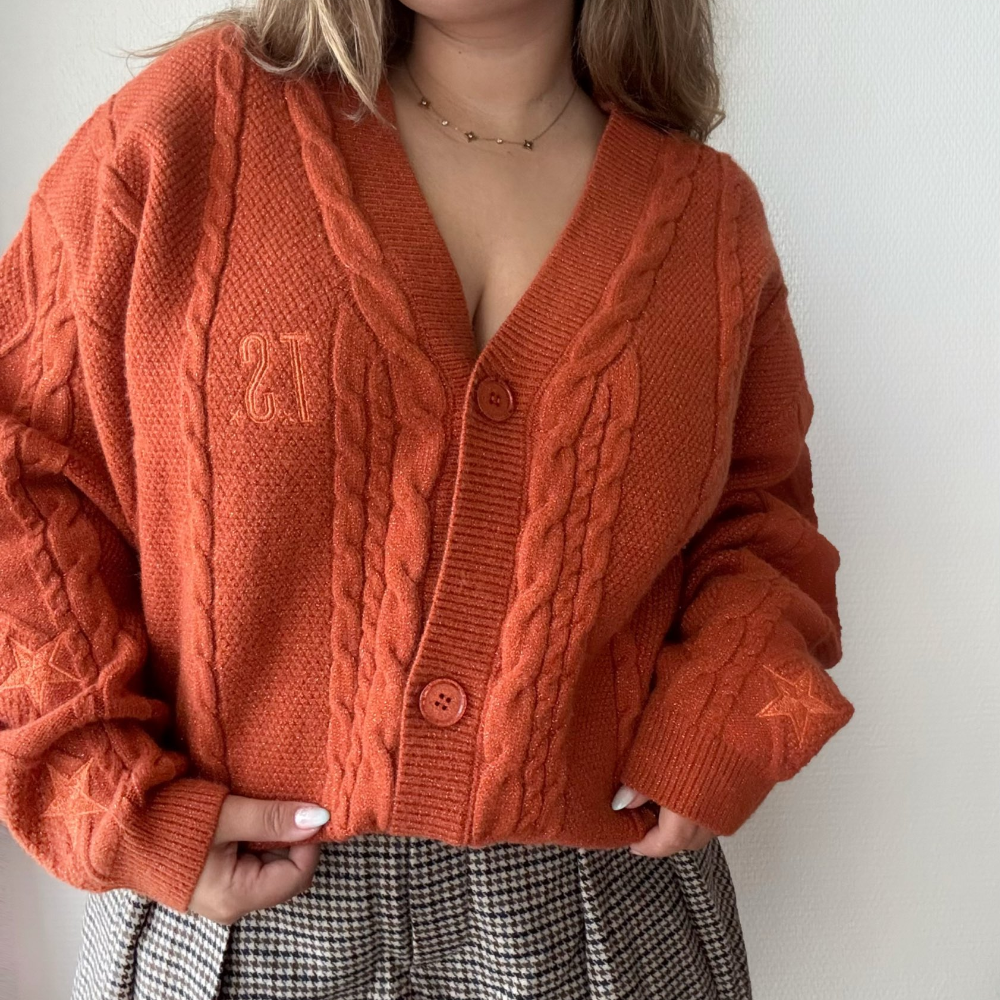 Orange Cardigan Sweater Embroidered Star Cable Knite
