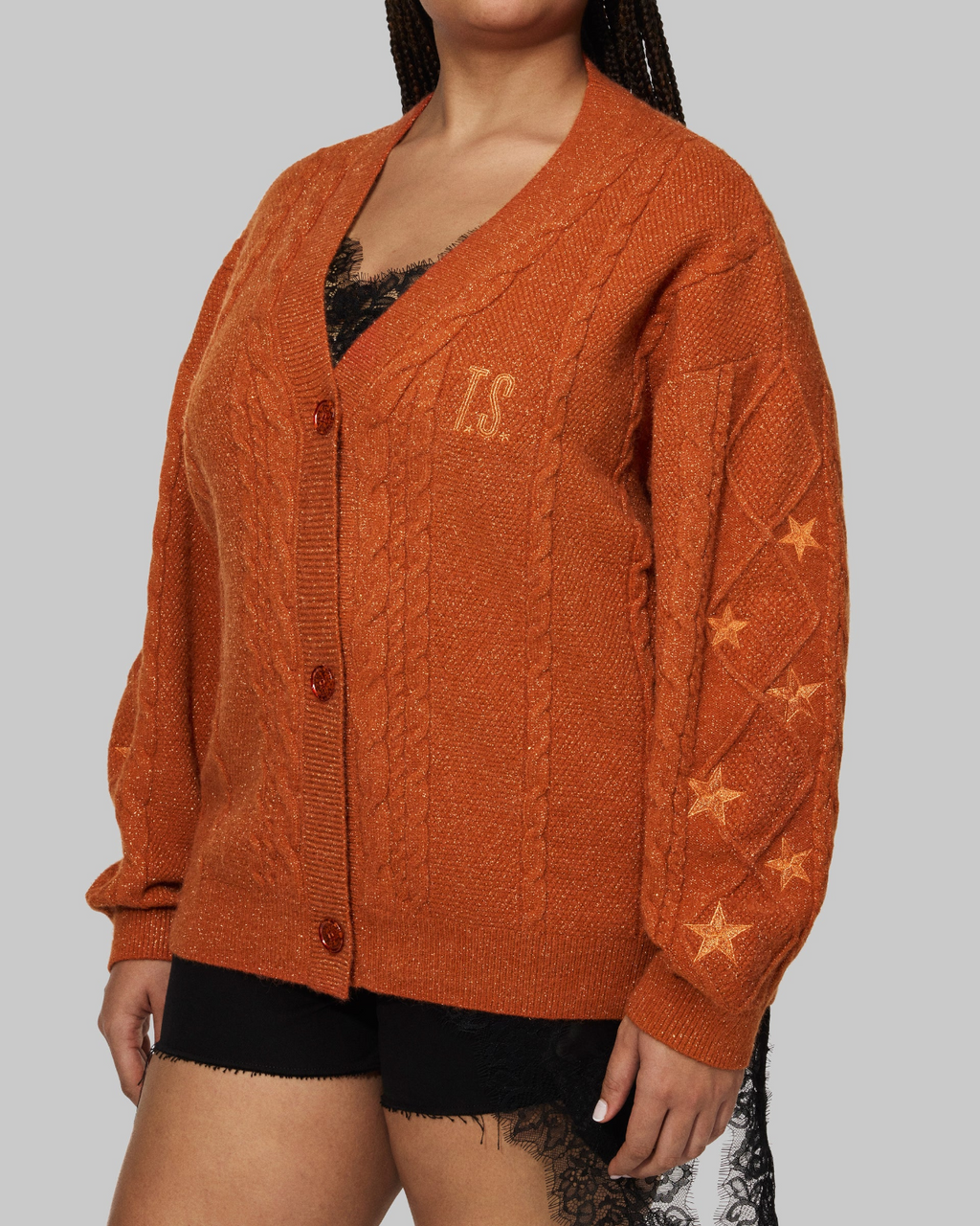 Orange Cardigan Sweater Embroidered Star Cable Knite