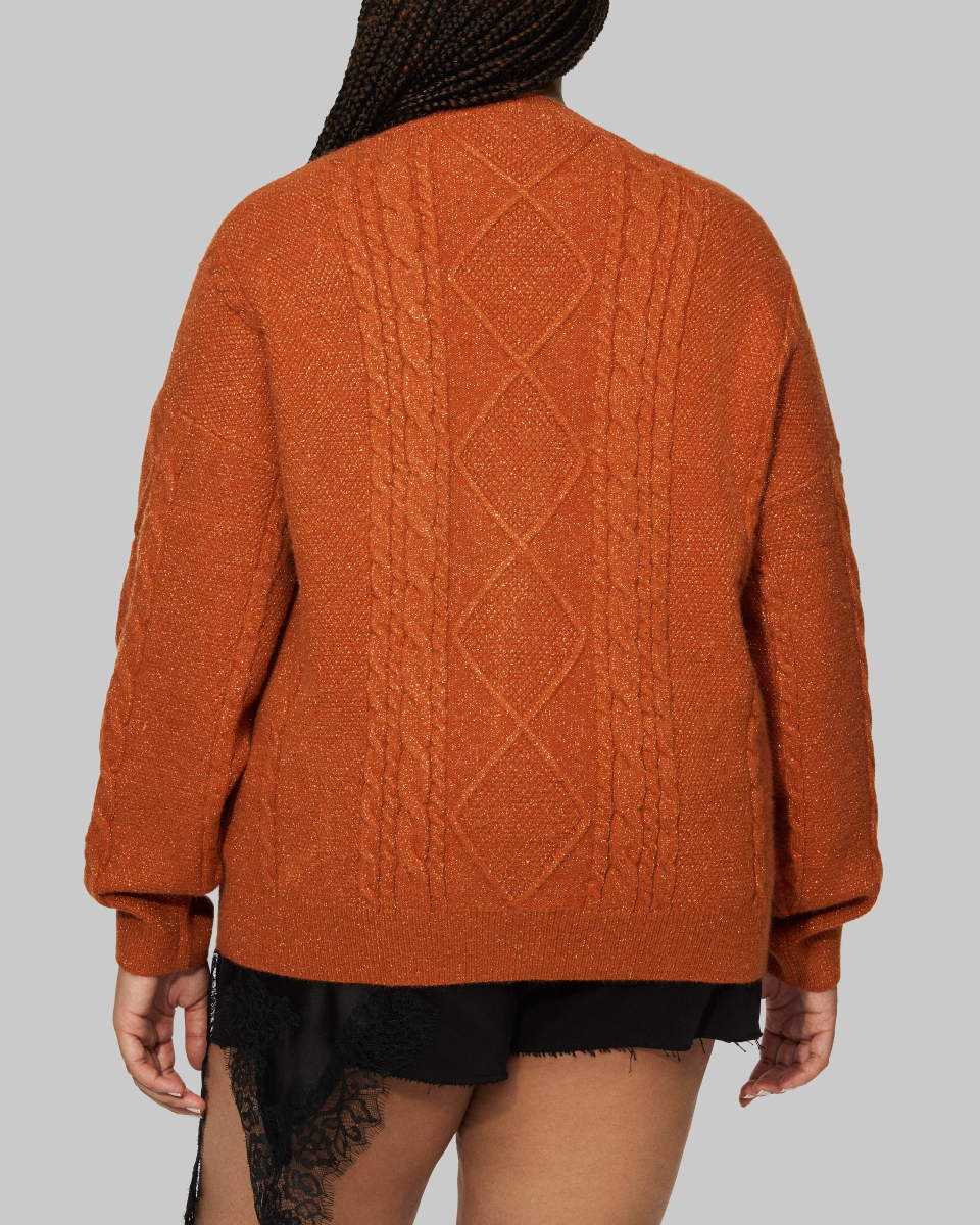 Orange Cardigan Sweater Embroidered Star Cable Knite