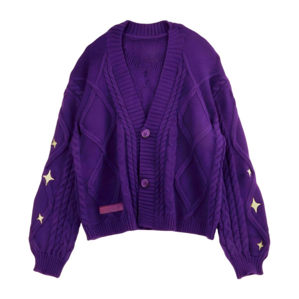 Purple Cardigan Embroidered Star Vintage Cable Knite