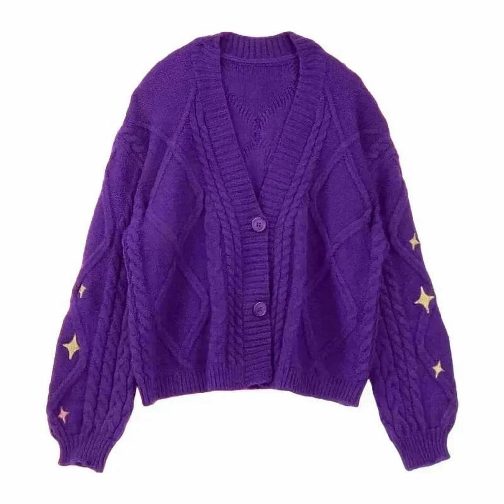Purple Cardigan Embroidered Star Vintage Cable Knite