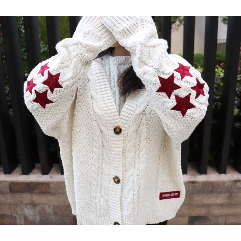 Cardigan Embroidered Star Cable Knite Sweater