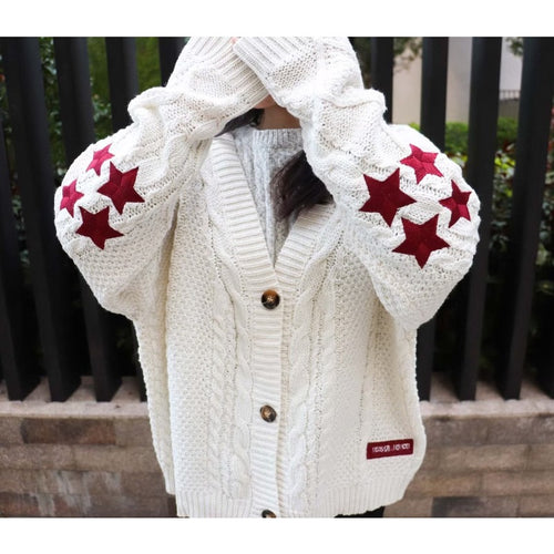 Cardigan Embroidered Star Cable Knite Sweater
