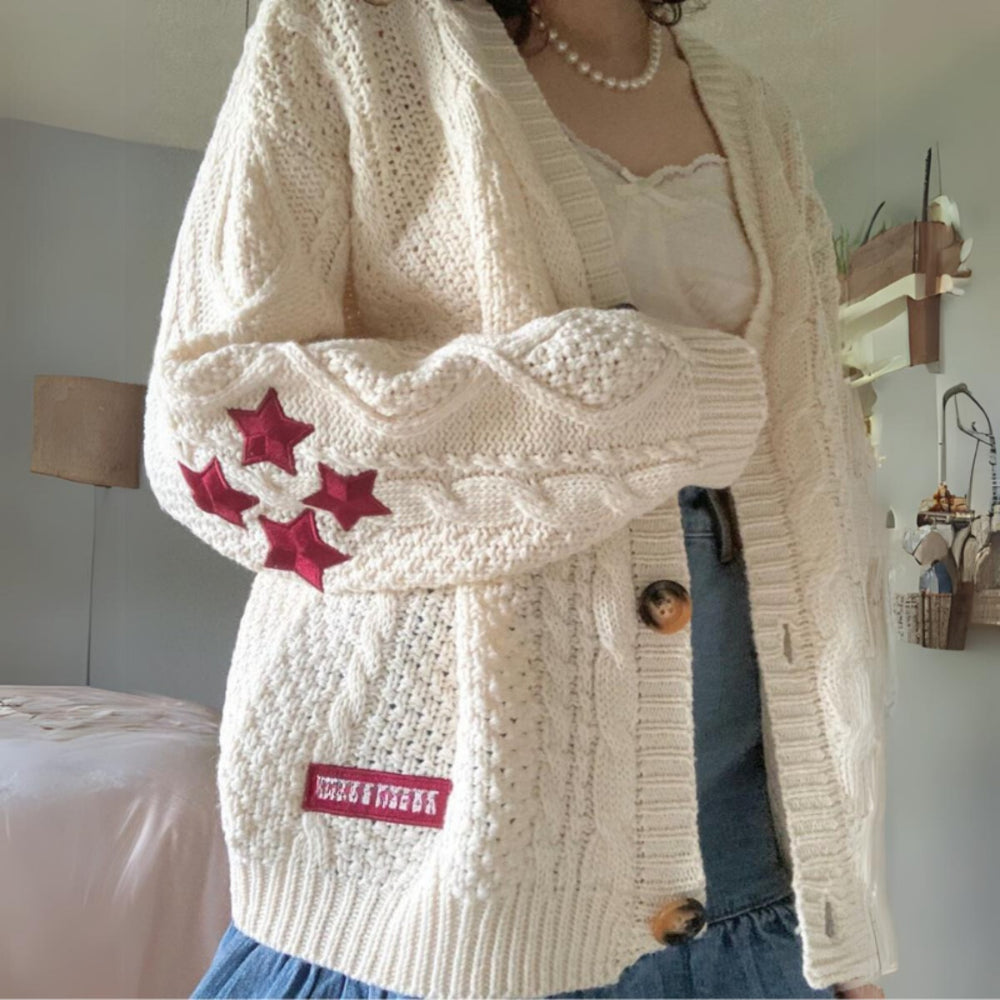 Taylor's Red Cardigan Embroidered Star Cable Knite Sweater