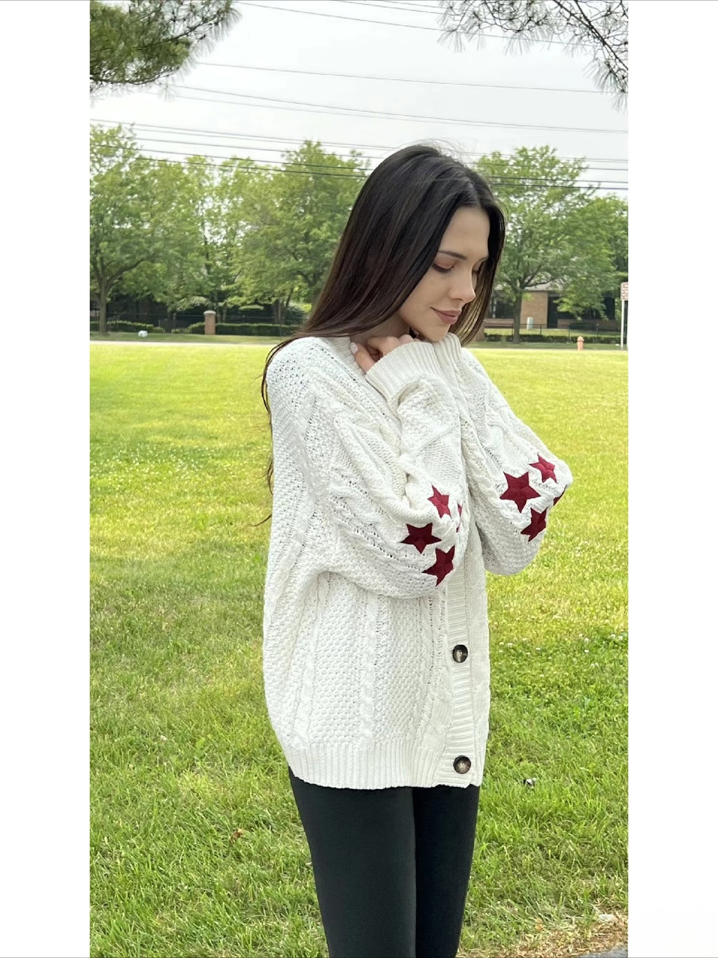 Cardigan Embroidered Star Cable Knite Sweater