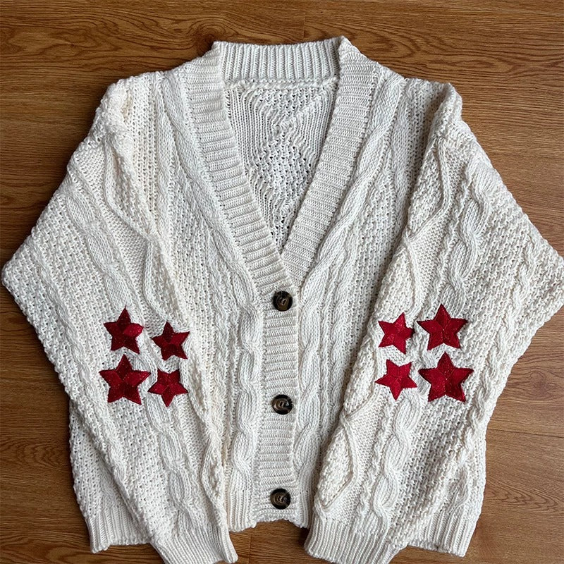 Cardigan Embroidered Star Cable Knite Sweater