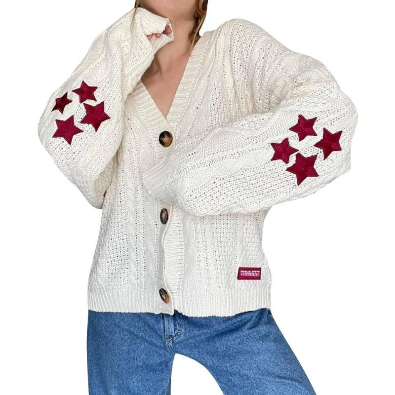Cardigan Embroidered Star Cable Knite Sweater