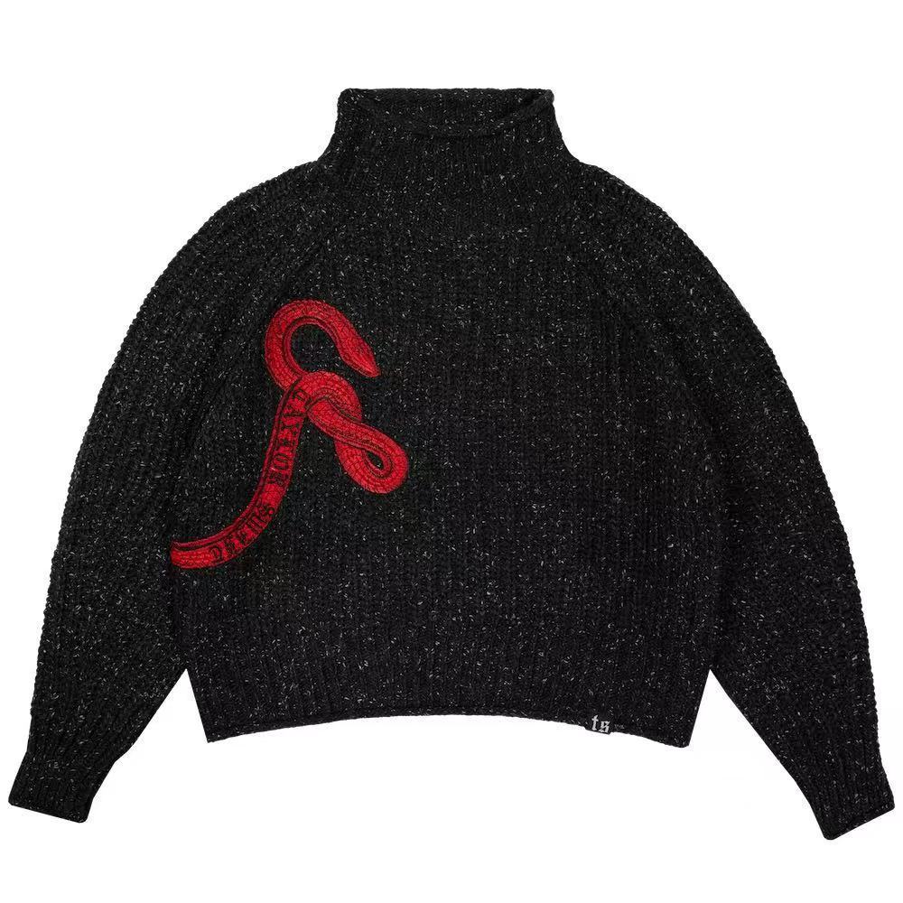 Taylor's Reputation Mockneck Cropped Black Sweater Embroidered Red Snake