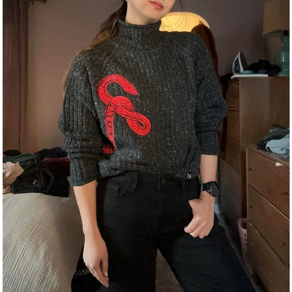 Reputation Mockneck Cropped Black Sweater Embroidered Red Snake