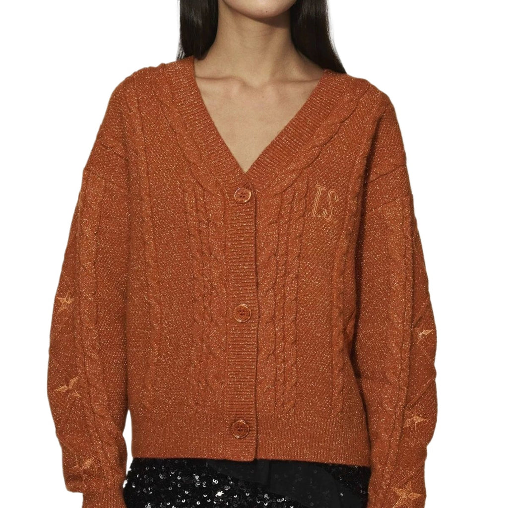 Orange Cardigan Sweater Embroidered Star Cable Knite