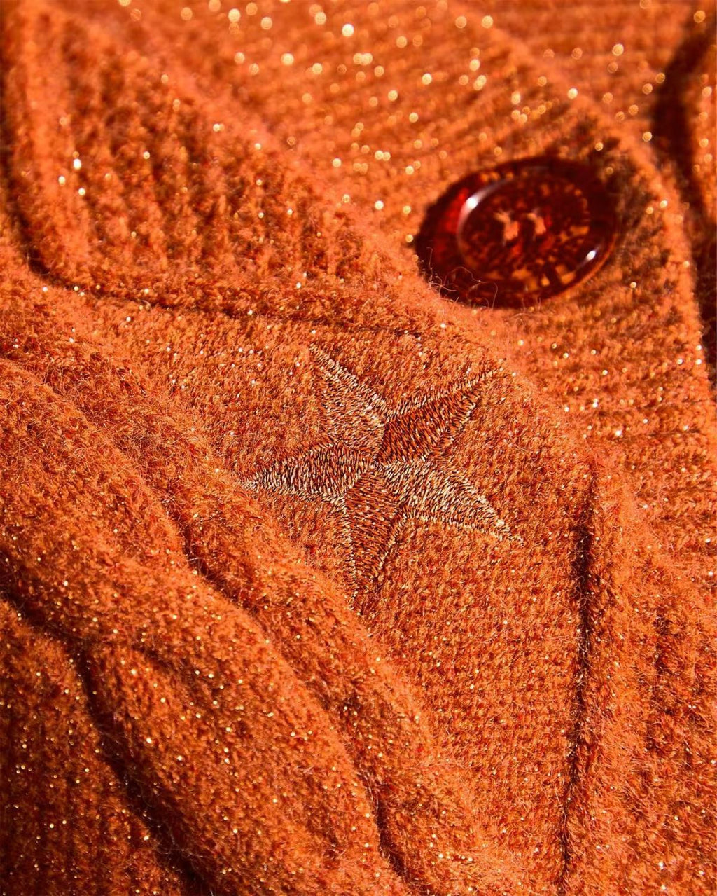 Orange Cardigan Sweater Embroidered Star Cable Knite