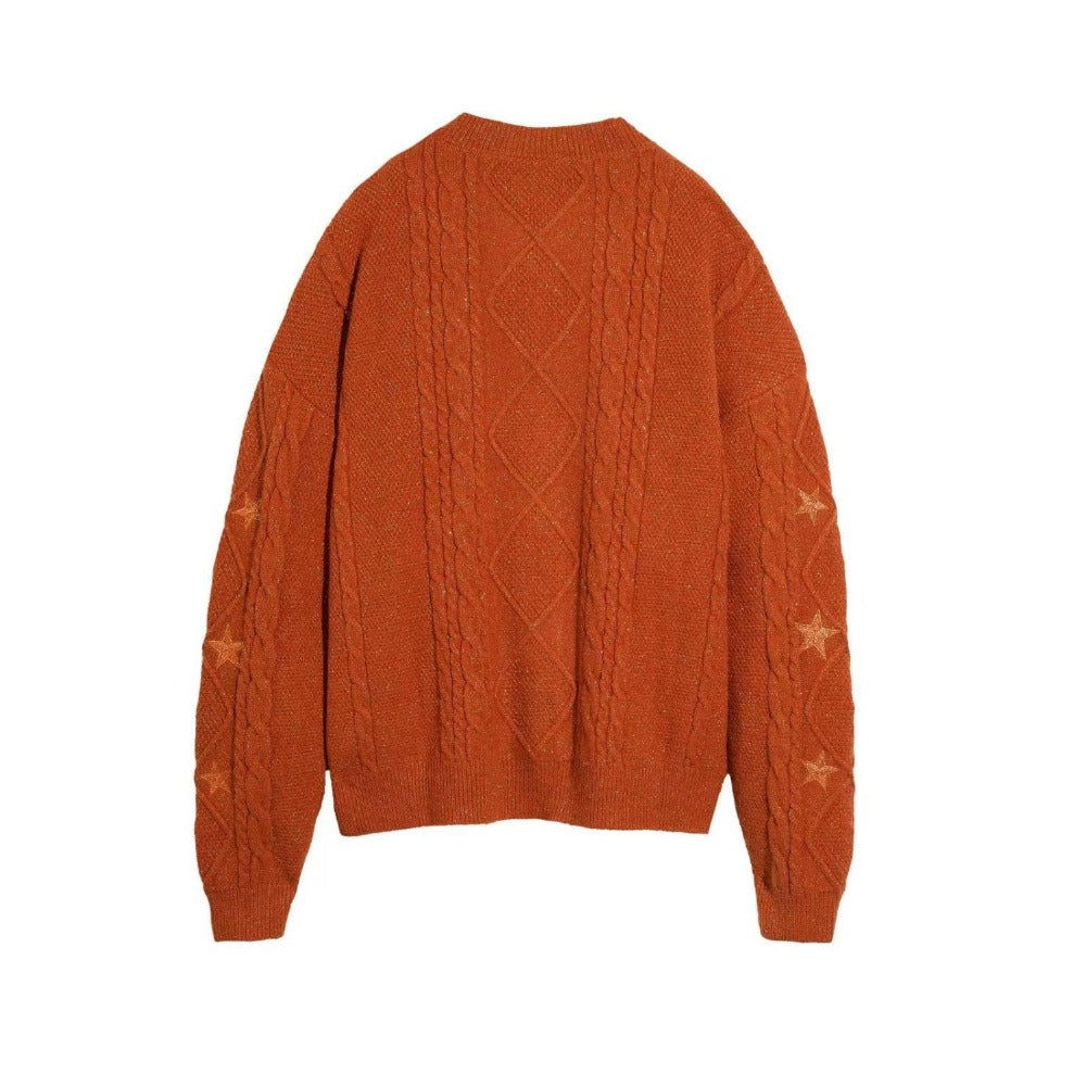 Orange Cardigan Sweater Embroidered Star Cable Knite