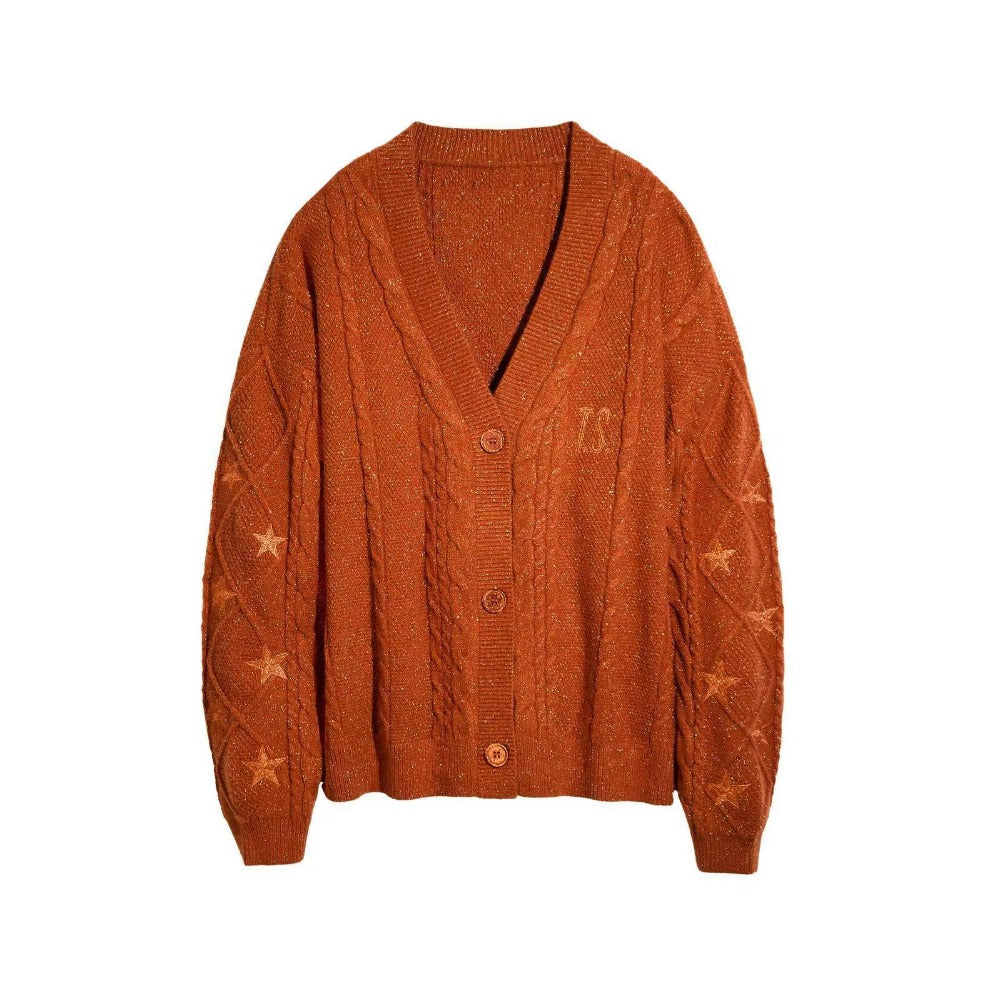 Orange Cardigan Sweater Embroidered Star Cable Knite