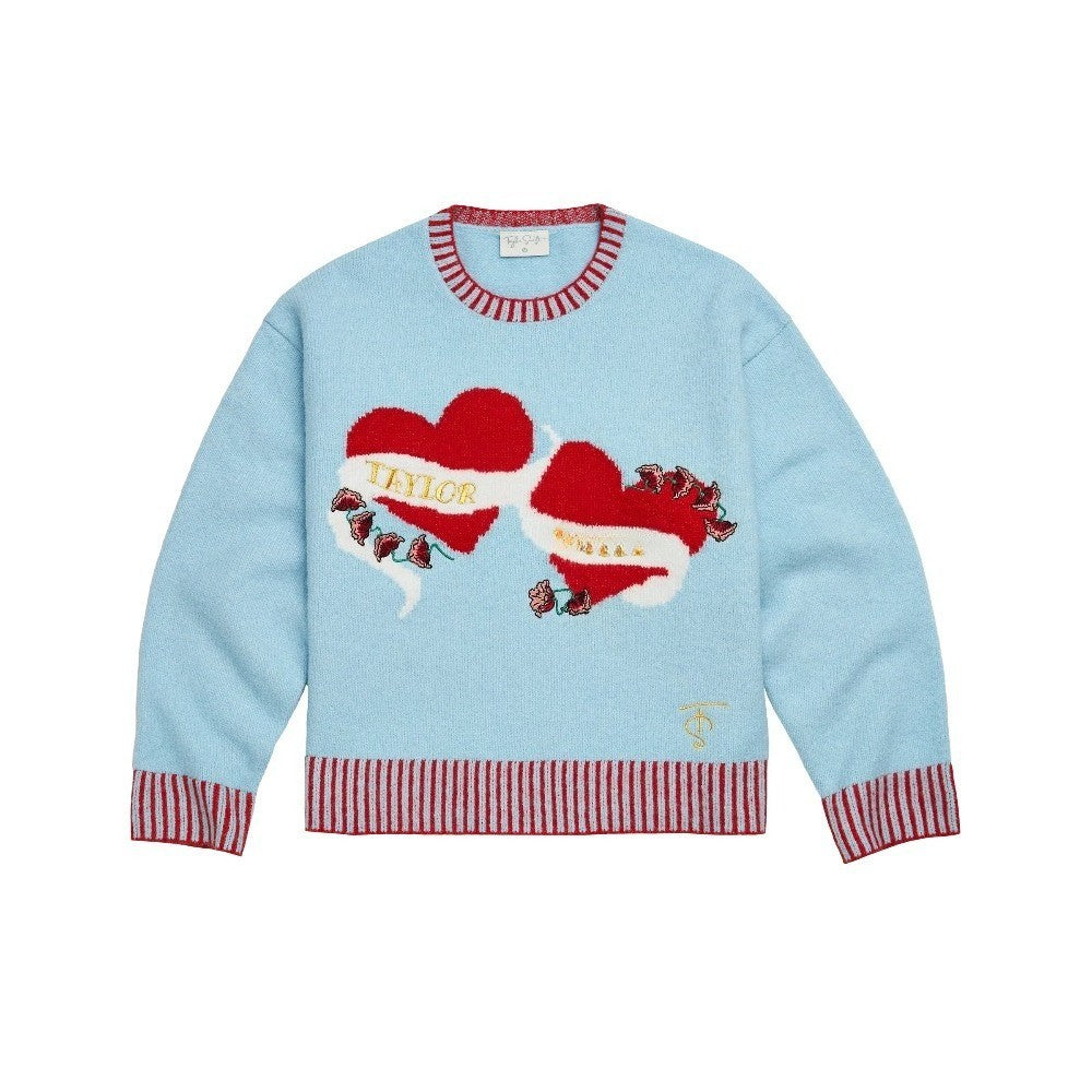 Taylor's Album-Inspired Blue Heart Knit Sweater Vintage Winter Crewneck Pullover